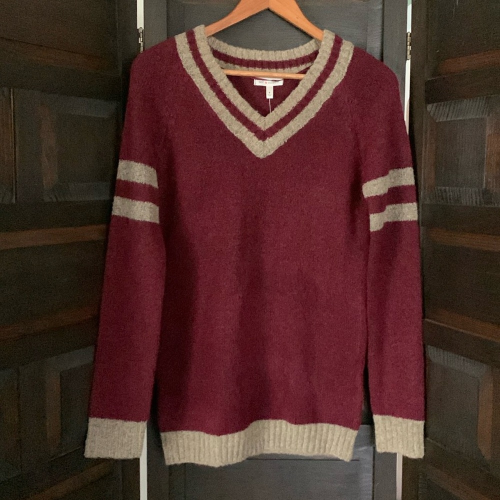 Self Esteem women’s v-neck sweater.  NWT.  Small.  Burgundy and khaki. Stripe